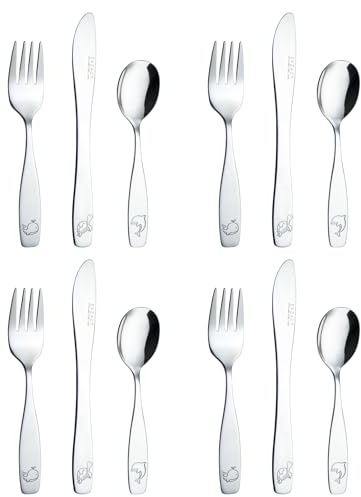 Exzact Set di posate per bambini in acciaio inox, 12 pezzi, 4 coltelli da tavola, 4 cucchiai, 4 forchette (oceano x 12)