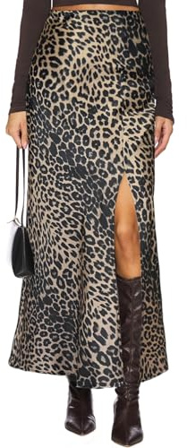 Women's Satin Maxi Skirt Silk High Waisted Side Slit Hidden Elastic Waistband Leopard Print Casual Long Skirts for Women