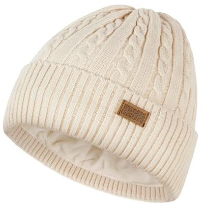 Wmcaps Wintermütze für Damen Herren, Fleecegefütterte Thermomütze mit Zopfmuster Geripptem Rand, Weiche Bequeme Dehnbare Strickmütze Geburtstagsgeschenk, Beige