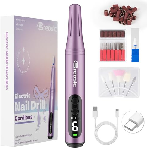 Breosic Electric Nail File Cordless Nail Drill,35000RPM Professional Portable Rechargeable E File for Polish/Acrylic and Gel Nails,12 in 1 Manicure Pedicure Set Gifts for Beginner/Advanced