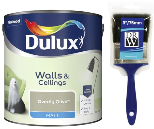 Overtly Olive Walls & Ceilings Matt Emulsion Paint 2.5L + 3 Emulsion Paint Brush – Smooth Creamy Finish, Quick Dry, Low VOC, Easy Application for Walls & Ceilings