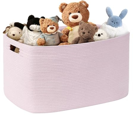 MYHOMMATTO 86L großer Wäschekorb geflochten mit Henkel, Pastellrosa | Faltbarer Aufbewahrungskorb aus Baumwollseil für Spielzeug, Decken & Kleidung, Maße 60×40×36 cm für Wohnzimmer, Kinderzimmer