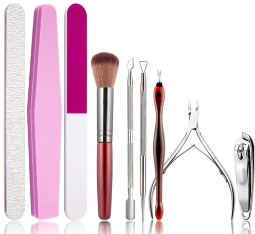 MUU Ensemble d'outils de manucure professionnels 9 pièces, lime à ongles grain 100/180/240 et blocs polissoirs avec repousse-cuticules, pince et brosse à poussière, kit de soins des ongles pour ongles