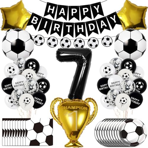 Dncvb Juego de vajilla de fiesta de fútbol para cumpleaños de 7 años, globos de fútbol, platos, servilletas, pancartas, globos para cumpleaños infantiles, decoración de fiestas