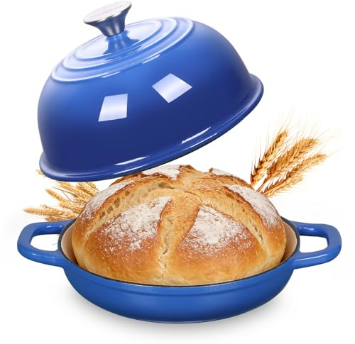 Gusseisen Topf Emaille Brot backen 4,7L Dutch Oven für Sauerteig Brot | Schmortopf mit Deckel und Griffen, 24 cm Brotbacktopf, Bräter Gusseisen, für Küche Backen Schmoren & Braten (Blau)