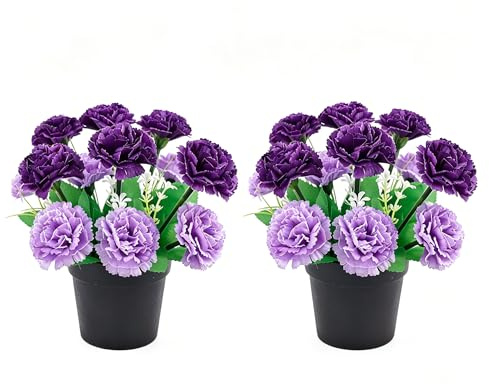 2er Set Künstliche Grabblumen im Topf, Wetterfeste Friedhofsblumen für Trauerfeier, Gedenkstätte & Weihnachten, Grabschmuck für Opa, Mutter, Vater oder Freunde, Outdoor Grabdekoration Rosen (Lila)