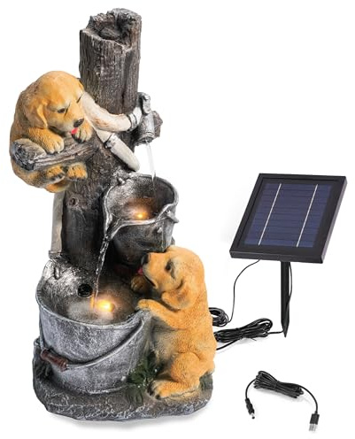 esotec Solarbrunnen für draussen Hundewelpen H=49cm, LED, USB, Pumpe, Akku, Solarmodul, Gartenbrunnen mit Wasserspiel, Springbrunnen solar für außen, Vogeltränke Balkon Garten 101382
