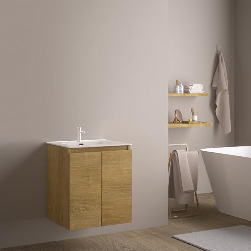 Feel Your Bath Conjunto Mueble de Baño 60 cm Marrón Madera con Encimera Cerámica Integrada, Lavabo Incluido, 2 Cajones Soft Close, Diseño Suspendido, diseño Compacto para baños pequeños