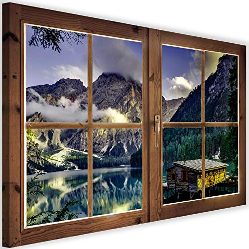 Feeby Imagen Moderno 3D Ventana Vista Impresión Lienzo Montes Lago Multi 60x40 cm