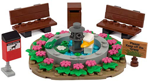Park Set with benches, pond, garden, & bins | Made with Genuine LEGO parts | Instructions Included