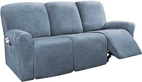 HKPLDE 8-Stücke Sesselbezug Samt Stretch Sesselschoner Zum 3 Kissen Sofa Schonbezüge Möbelbezüge Form Fit Customized Style Dick Weich Waschbar-grau Blau
