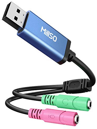 MillSO USB Audio Adapter Stereo External Sound Card, USB to 3.5mm TRS Headphone + Microphone Audio Jack Splitter for Dual-Plug Gaming Headset to Laptop, Desktop, PC, PS4, PS5 [Built_in Chip - 1 FT]