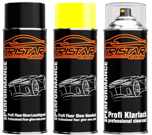 TRISTARcolor Neonlack Set Leuchtgrund Klarlack Gelb glänzend | Spraydose, Sprühdose, 3x 400 ml, Autolack, schnell trocknend, hohe Leuchtkraft, schützt vor Rost, Made in Germany