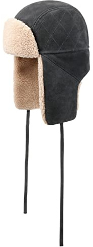 Stetson Calf Split Lapeer Fliegermütze Herren 100% Kalbsleder Gefüttert Baumwolle Wintermütze mit Ohrenklappen Kunstfellbesatz Pilotenkappe Herbst Winter dunkelblau L (58-59 cm)