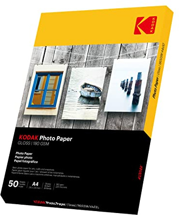KODAK 50 hojas de papel fotográfico A4 de 180 g/m2 de alto brillo, secado instantáneo y resistente al agua, especialmente desarrollado para todas las impresoras de inyección de tinta/inyección de