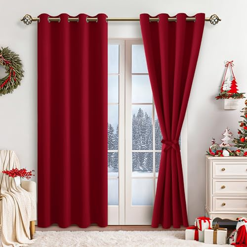 JIUZHEN Gardinen Blickdicht Weihnachtsvorhänge Vorhänge Wohnzimmer mit Vorhang-Krawatten Verdunkelungsvorhang Wärmeisolierende Thermovorhang für Weihnachten, Rot, 2 Stück, 260x140cm(HxB)