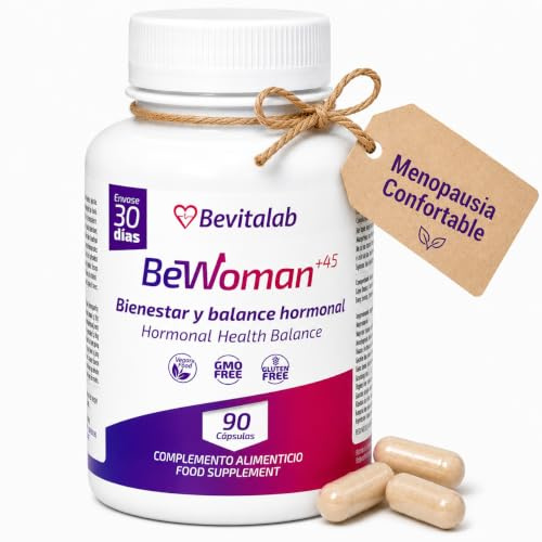 BEVITALAB BeWoman+45 – Suplemento Alimenticio para Menopausia y Premenopausia con Ashwagandha, Isoflavonas, Lúpulo y Azafrán, Ginkgo Biloba, Natural Vegano– 90 Cápsulas – Fabricado en España
