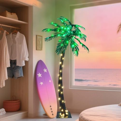 Lighted Palm Tree 5FT 96 LED Artificial Palm Tree Decor for Outdoor Light up Fake Tree for Indoor Outside Patio Hawaiian Tiki Bar Decoration