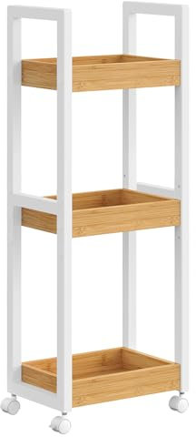 SONGMICS Small Shelf Storage Unit on Wheels, Bathroom Trolley, Slim Kitchen Shelf, 3-Tier Storage Caddy, Bamboo, Space-Saving, 20 x 30 x 80 cm, White and Natural BCB083N02