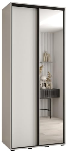 ABIKSMEBLE Davos 3 100 Armoire à Deux Portes Coulissantes pour Chambre à Coucher - Moderne Armoire de Rangement avec Miroir, Tringle et Étagères - 235,2 x 100 x 45 cm - Blanc, Blanc et Noir