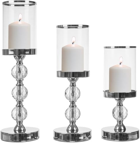Ruhhy 3er Kerzenständer-Set – Glas & Metall mit Spiegel-Inlays und Kristall-Akzenten – unterschiedliche Höhen – dekorative Windlicht-Laternen für Tisch, Kommode & Kamin – Silber – Glamour 22314