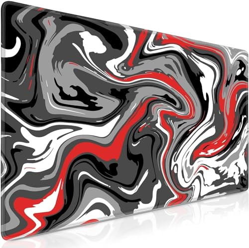 Premium Gaming Mauspad XXL 900 x 400 mm - Abstrakte Wirbel in Schwarz, Weiß und Rot - Wasserdicht & rutschfest - Genähte Kanten für Haltbarkeit - Großes Mousepad