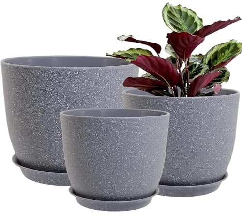 PROFIKLA 30cm, 25cm,23cm Plastic Plant Pots, Pack of 3 Planters, Large Plant Pots with Drainage Holes and Saucers, Modern Decorative Flower Pots, Grey Speckles