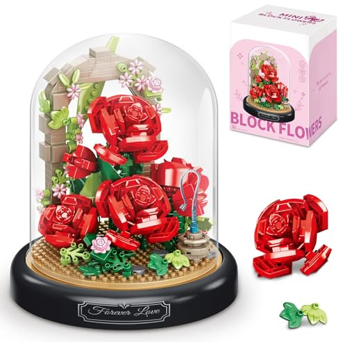 HIGH GODO Flower Bouquet Building Set, 574PCS Red Rose Bonsai Tree Botanical Collection with Dust Cover, Mother's Day Anniversary Birthday Gifts for Mom Women Girlfriend Adults 14+