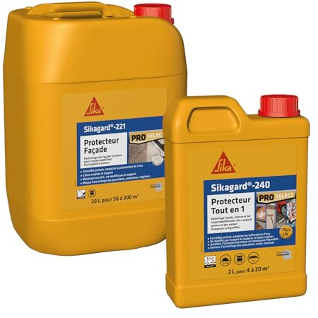 Sika Sikagard 240 Protecteur Tout en 1, Protection hydrofuge façade, mur, toiture et sol, 2L & Sikagard 221 Protecteur Façade, Hydrofuge imperméabilisant façade et mur, 20L