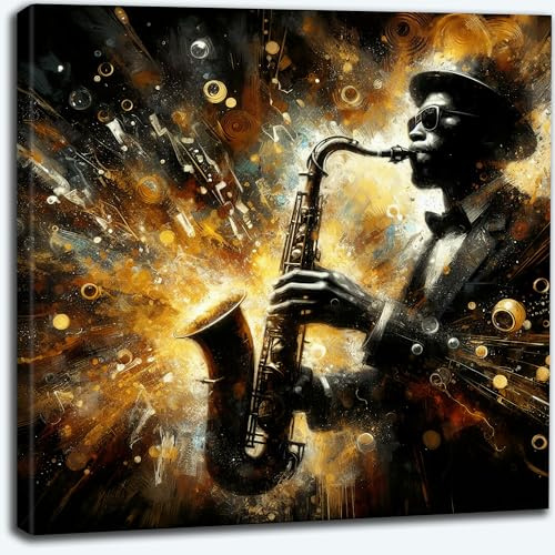 Leinwandbild cooler Jazz Musiker mit Saxophon/Trompete, goldene Elemente - Premium Druck auf Leinwand, verschiedene Formate (Saxophon, 60 x 60 cm)