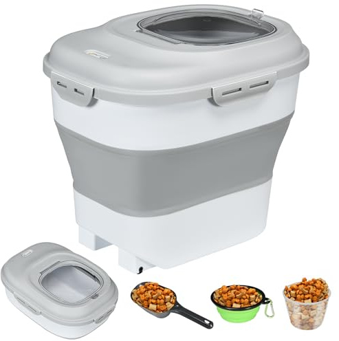 PawHut Contenedor de Comida para Perros Plegable 25L Contenedor de Pienso con Ruedas Taza Medidora Cuenco Plegable y Cuchara Contenedor de Comida para Mascotas Gatos Gris