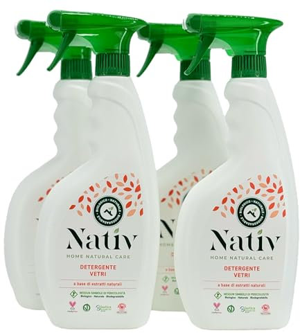 Eco Lab Nativ Detergente Vetri 100% Naturale. Detergente Liquido Vetri Anti Aloni. 4 flaconi da 750 ml. Ideale per la pulizia di qualsiasi superficie in vetro.