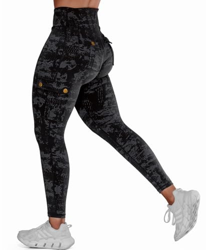 Nuofengkudu Dam hög midja löpning sport leggings med fickor stretch joggingbyxor gym fitness yogabyxor vardag, Z-svart och tryckt, S