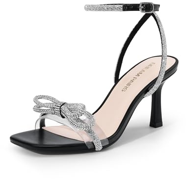 DREAM PAIRS Women's Double Bowknots Heels Open Square Toe Ankle Strap Crystal Rhinestone Dress Sandals for Party Wedding,Size 9,Black-Pu,DWUMHS2530