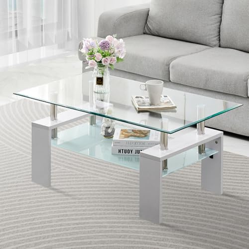 ZBAOLTO Couchtisch Glas, Rechteckiger Kaffeetisch mit unterer Ablage Weiß | Weißer Glastisch, modernes Design, für Wohnzimmer, Gästebereich, Empfangsraum, 100×60×45 cm