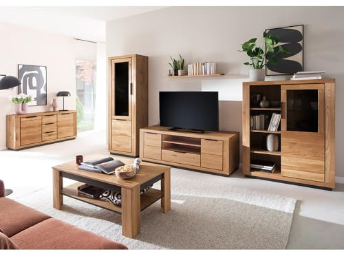 Lomadox Wohnwand Wohnmöbel Set Eiche teilmassiv 6-teilig, 1 Vitrine, 1 Wandboard, 1 Lowboard, 1 Highboard, 1 Couchtisch, 1 Sideboard