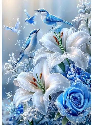 MAXBYE 5D Birds Diamond Painting Art Kits Adults, DlY Flowers with Snow Round Full Drill Diamond Art Kits Gem Cross Stitch Easy Kits for Beginner Crystal Art Crafts Home Wall Decor 12x16 Inch