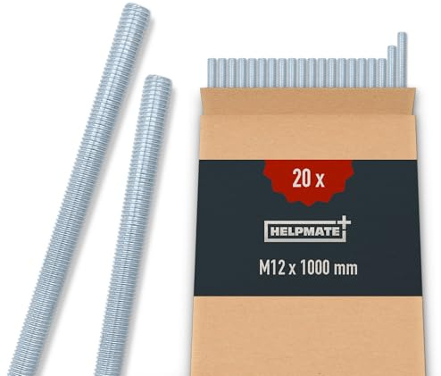 HELPMATE Tige filetée M12 x 1000 mm en acier galvanisé - Lot de 20 tiges filetées avec filetage métrique complet - Vis sans tête classe de résistance 4.8, DIN 976