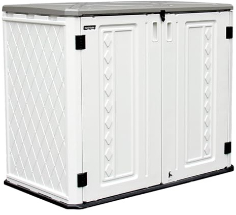 ADDOK Horizontal Storage Shed Outdoor with Floor, Plastic Outdoor Storage Box for Garden Backyard Patio Lawn, 27 Cuft Capacity All-Weather Construction for Bike Lawnmover Trash Can, Off-White