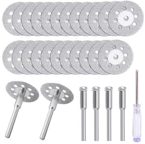 Monsully 20Pcs 22mm Diamond Cutting Discs with 3mm Mandrels, Diamond Cutting Wheels Gemstones Glass Cutting Disks Shank Rotary Tool Accessories for Metal Glass Tile Ceramics Wood Porcelain Plastic