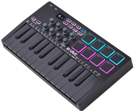 summina MIDI Keyboard Controller Beat Maker Machine Rechargeable 25 Keys MIDI Keyboard Portable Arranging Strike Pad RGB Backlight MIDI Assignable Knobs Buttons for Music Production