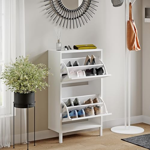 KOMTO Schuhschrank Schmal Weiß - Schuhregal Geschlossen mit 2 Klappen | Schuhkipper Trek 55 x 25 x 96 cm (BxTxH)