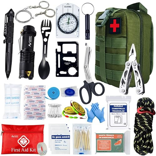 Kit Supervivencia UE 2026 con Mochila Botiquín y Linterna, Manta Térmica Supervivencia, Cuchillo Supervivencia Militar Profesional, Tiritas, Vendas, Silbato y Brújula (Guardian - Estándar)