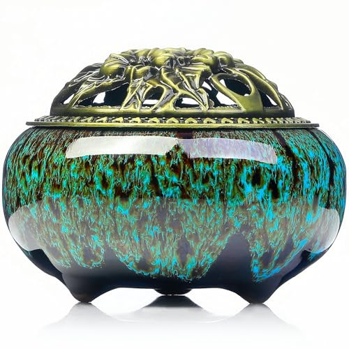 Brûleur d'encens en céramique avec porte-encens + isolation pour bâtons d'encens ou spirales d'encens, cône de sauge et encens (nouveau vernis de changement de four bleu)