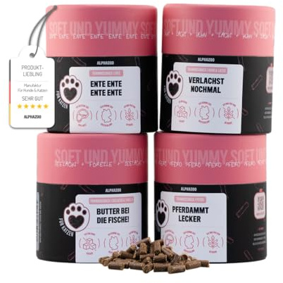 alphazoo Probierset Leckerli Katze I Bundle - Katzensnacks: 4 Sorten - Ente, Pferd, Seelachs & Forelle, Lachs & Huhn. Ohne Zucker, Getreide & künstliche Zusätze. Weiche Snacks für Katzen