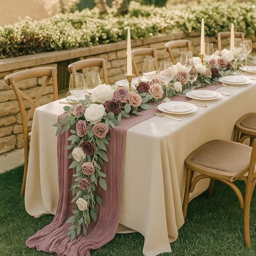 Yuxung 12ft Wedding Flower Garland for Table, Artificial Dusty Rose Flower Garland, Spring Extra Long Arch Floral for Backdrop Decor Ceremony Fall Wedding Party Centerpieces, Without Drapes