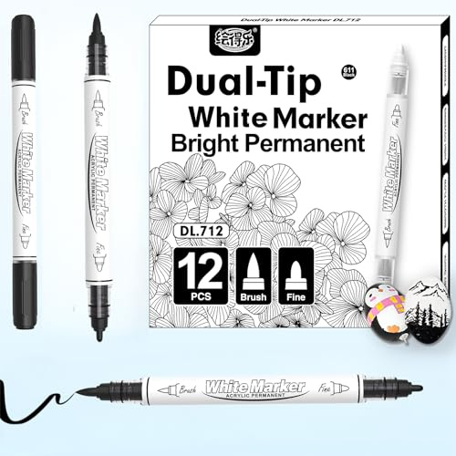 EFNHJF5 12 Stück Schwarz Dual-Tip Acrylstifte,Textilstifte waschmaschinenfest,Permanent Marker, für Steine, Zeichenstifte Felsmalerei, Keramik,Holz, Reifen, Stoff, Metall, Leinwand