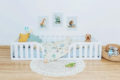 Mandrele - Montessori Bett, Bodenbett mit Lattenrost, Rausfallschutz Bett, Kinderbett, Holzbett mit Bettgestell für Jungen und Mädchen, 120x200 cm, Weiß