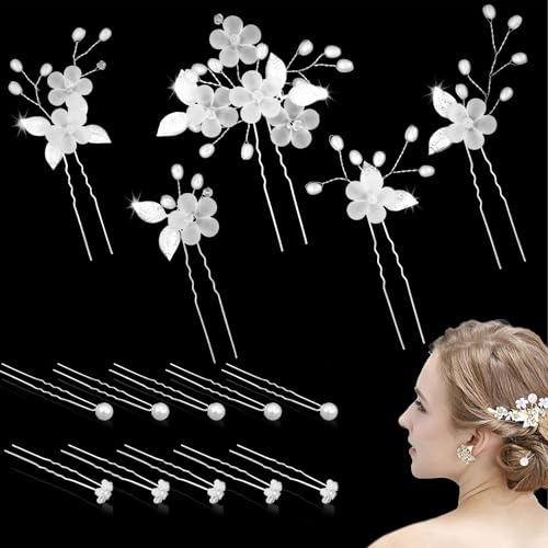 Duoleimi 15 Stück Haarschmuck Hochzeit Set, Braut Haarschmuck mit Perlen und Blumen, U-förmige Hairpins für Brautjungfern (3 Stile, Silber)