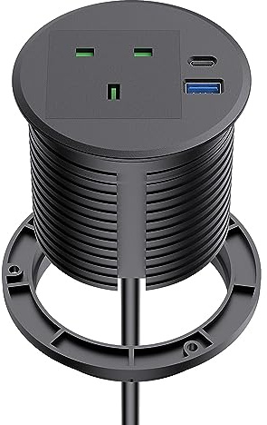 Recessed Power Socket, Haylink Desk Socket with UK Plug & 20W USB A+C | 2M Cable | 80mm Cutout | Power Grommet for Furniture, Office, Conference Room (Black)